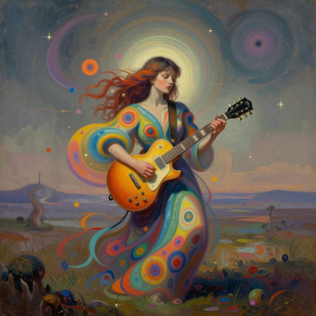 Guitarist Merging With Instrument in Psychedelic Dreamscape