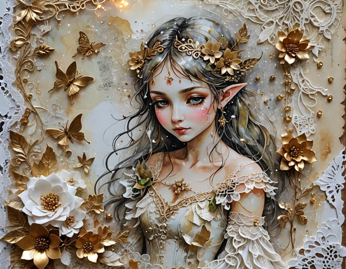 Detailed Scrapbook Background with Elf Woman