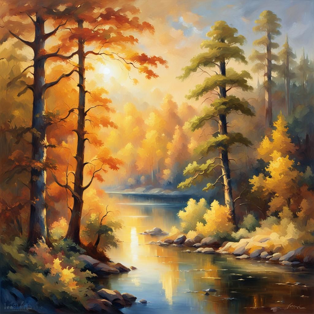 Sunny Forest Lake as Oil Painting
