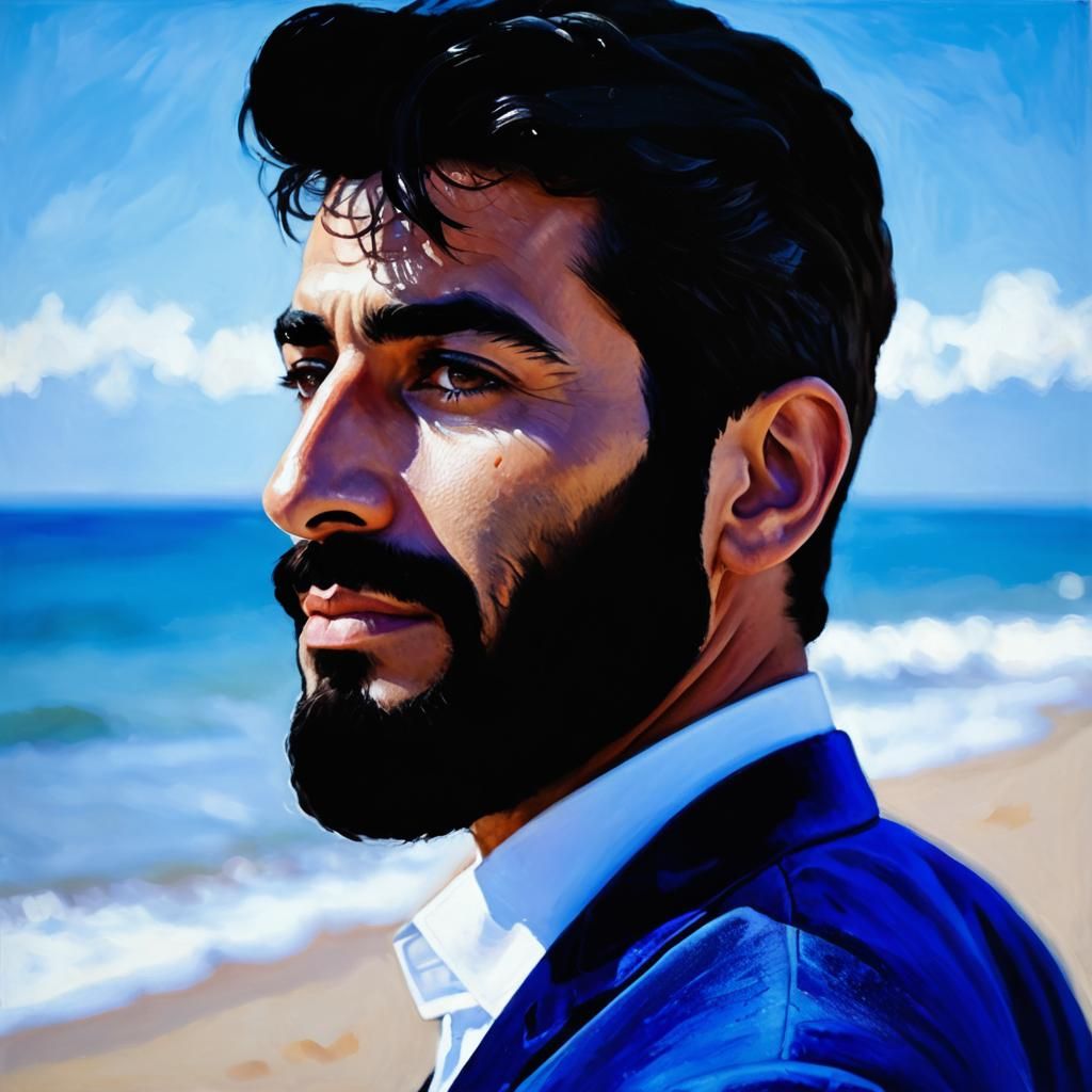 Handsome Man in Blue Velvet Suit as Impasto Painting