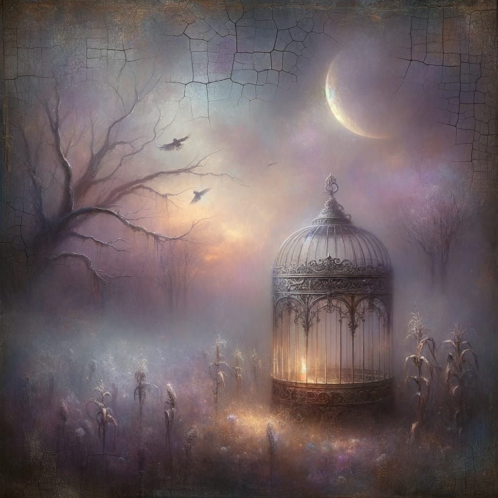 Vintage Birdcage in Twilight Landscape as Cracked Oil Painti...