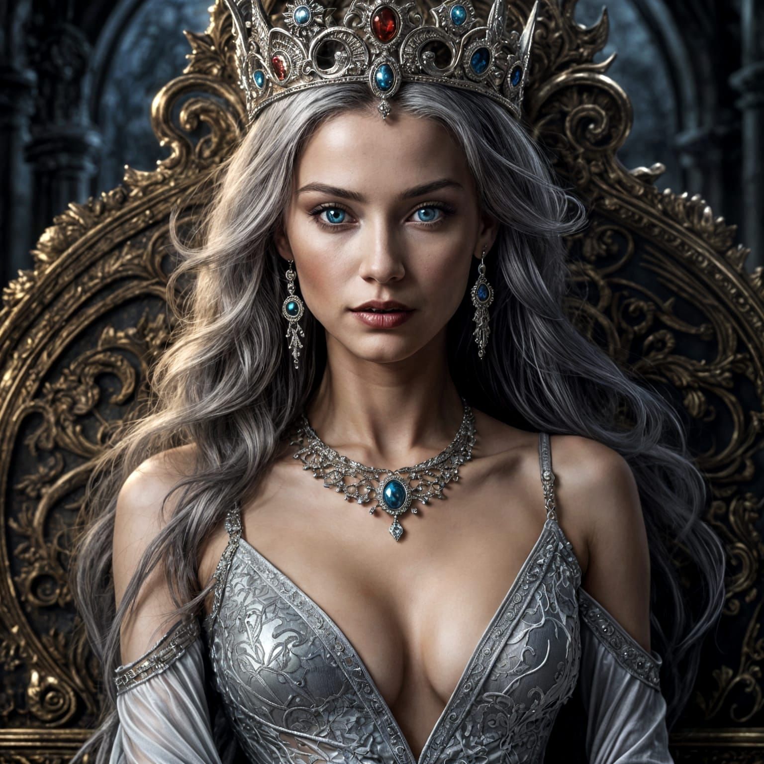 Elegant Fantasy Queen with Silver Crown and Throne