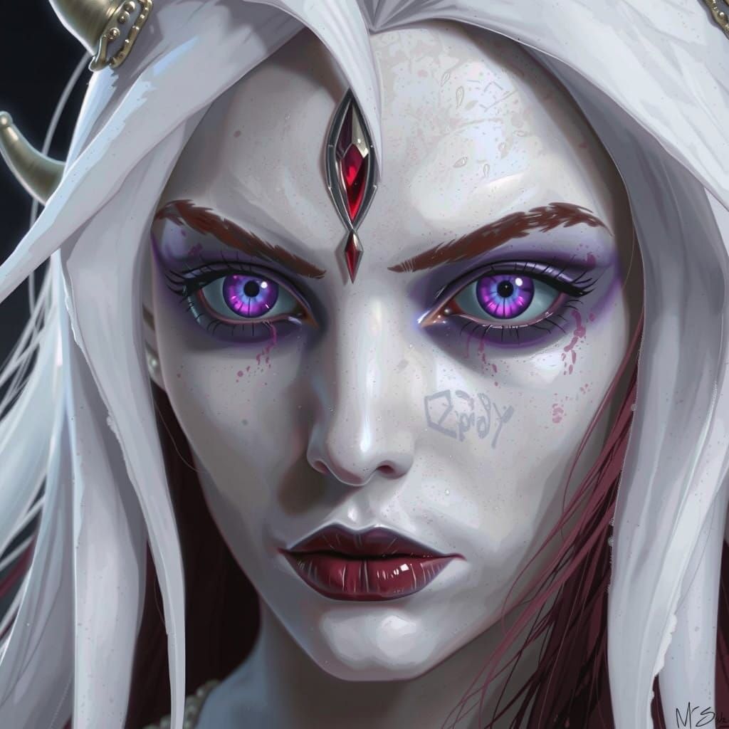 Sinister White Devil with Dark Red Hair in Greg Rutkowski St...