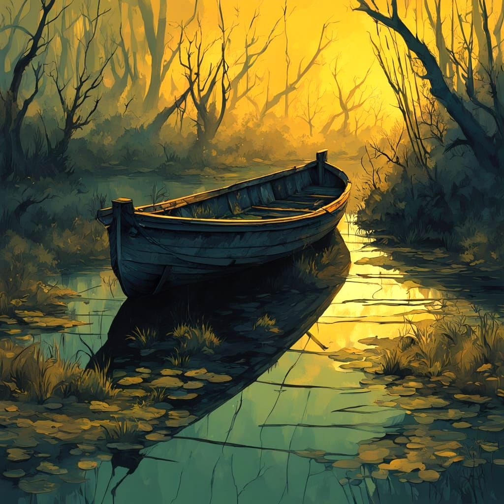 Mysterious Swampy River at Dusk in Haunting Street Art Style