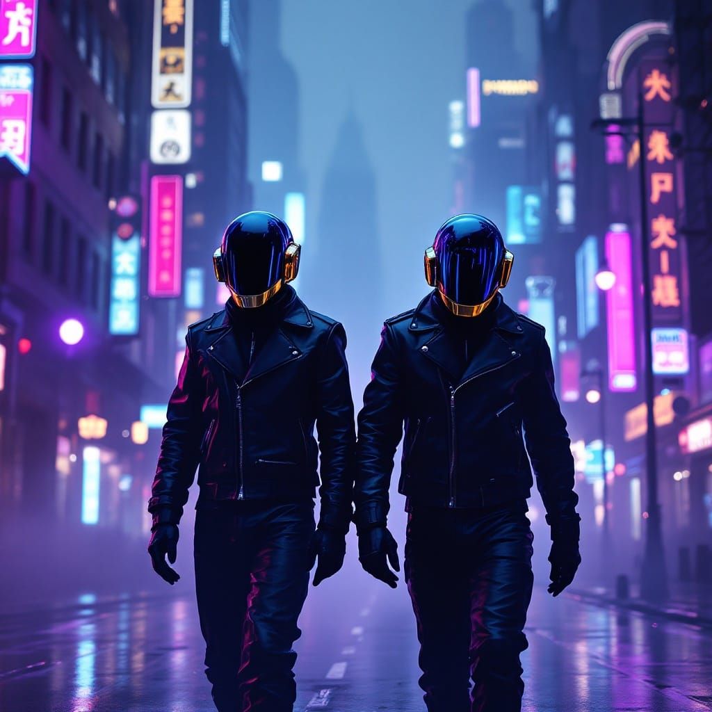 Sleek Daft Punk Walk Through a Futuristic Neon Cityscape