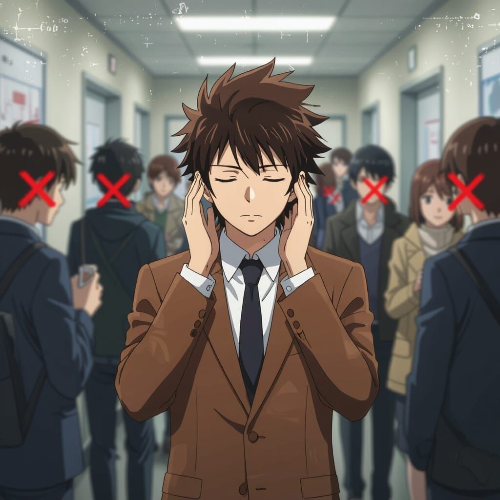 Anime Man in Brown Suit Calm in Hallway