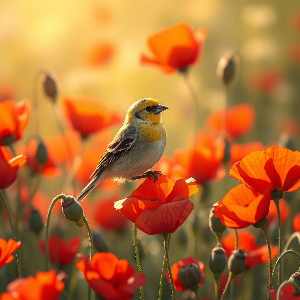 Goldfinch Among Red Poppies in Impressionist Style