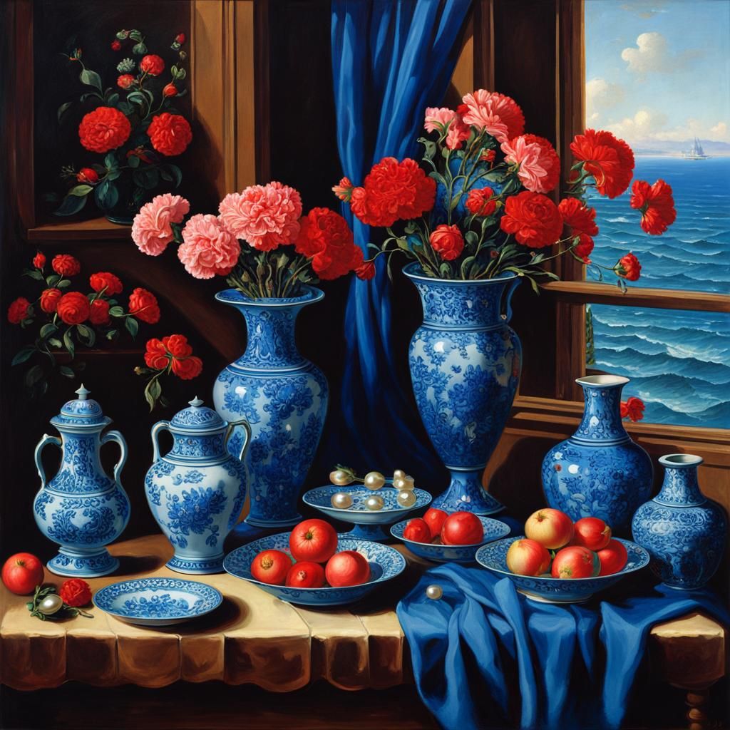 Blue Still Life with Flowers and Butterflies