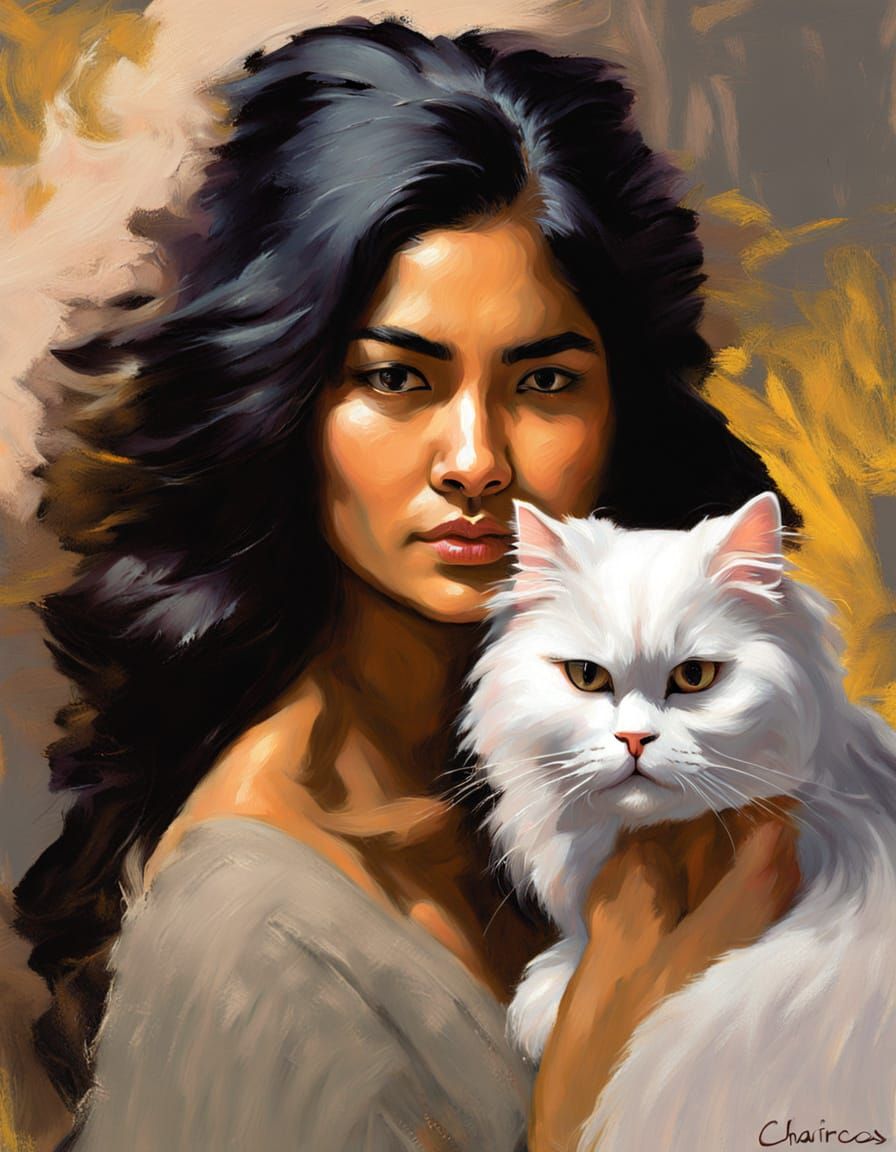 Asian Indian Woman Admires Her Fluffy Persian Cat in Chiaros...