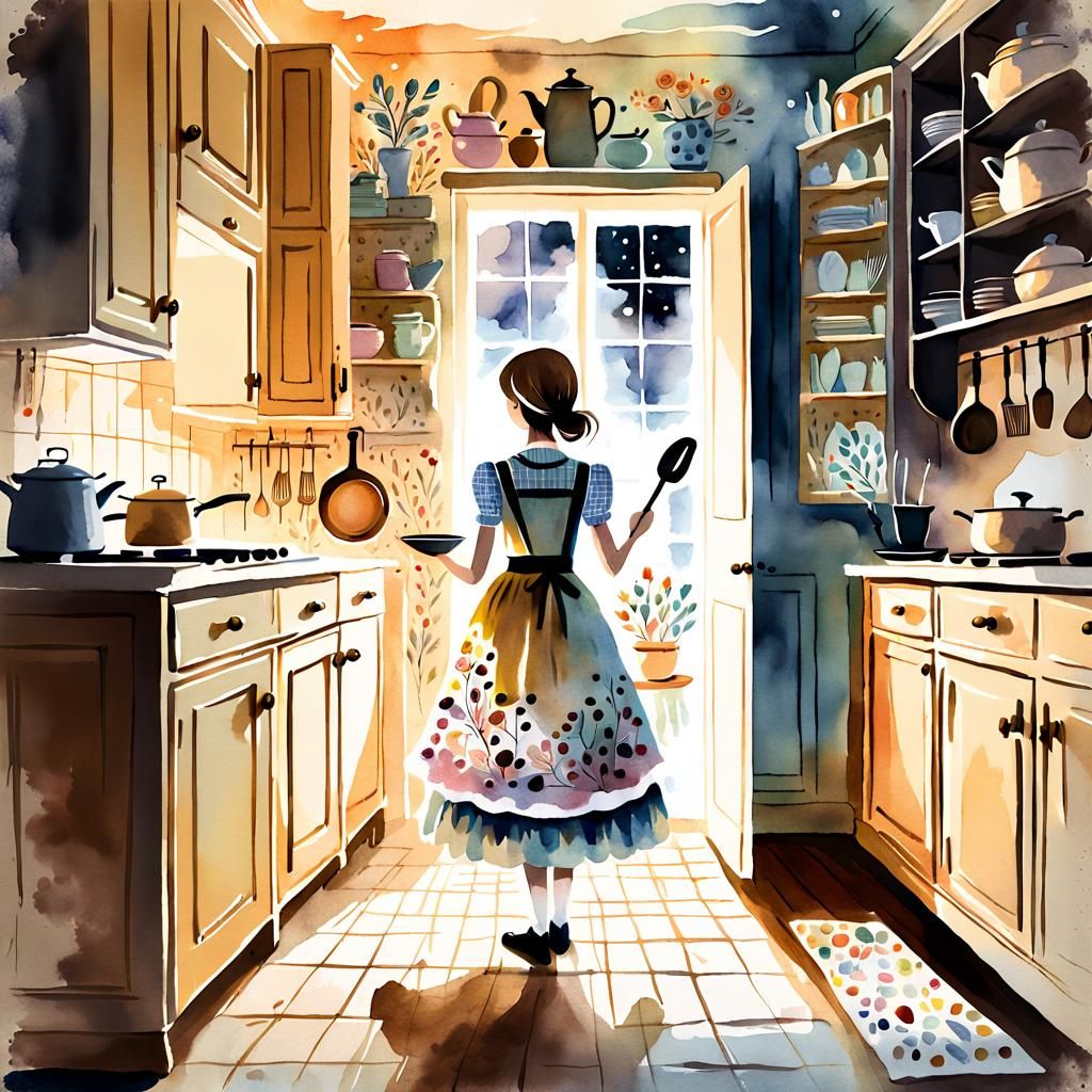 Cozy Kitchen Magic: A Whimsical Watercolor Illustration