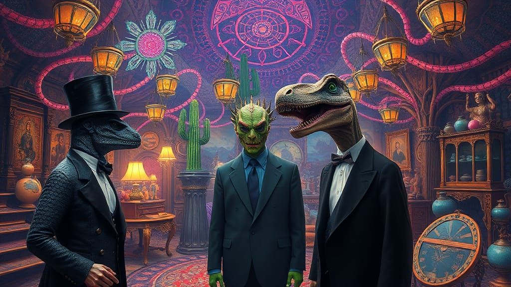 Surreal Mystical Showroom with Humanoid Figures