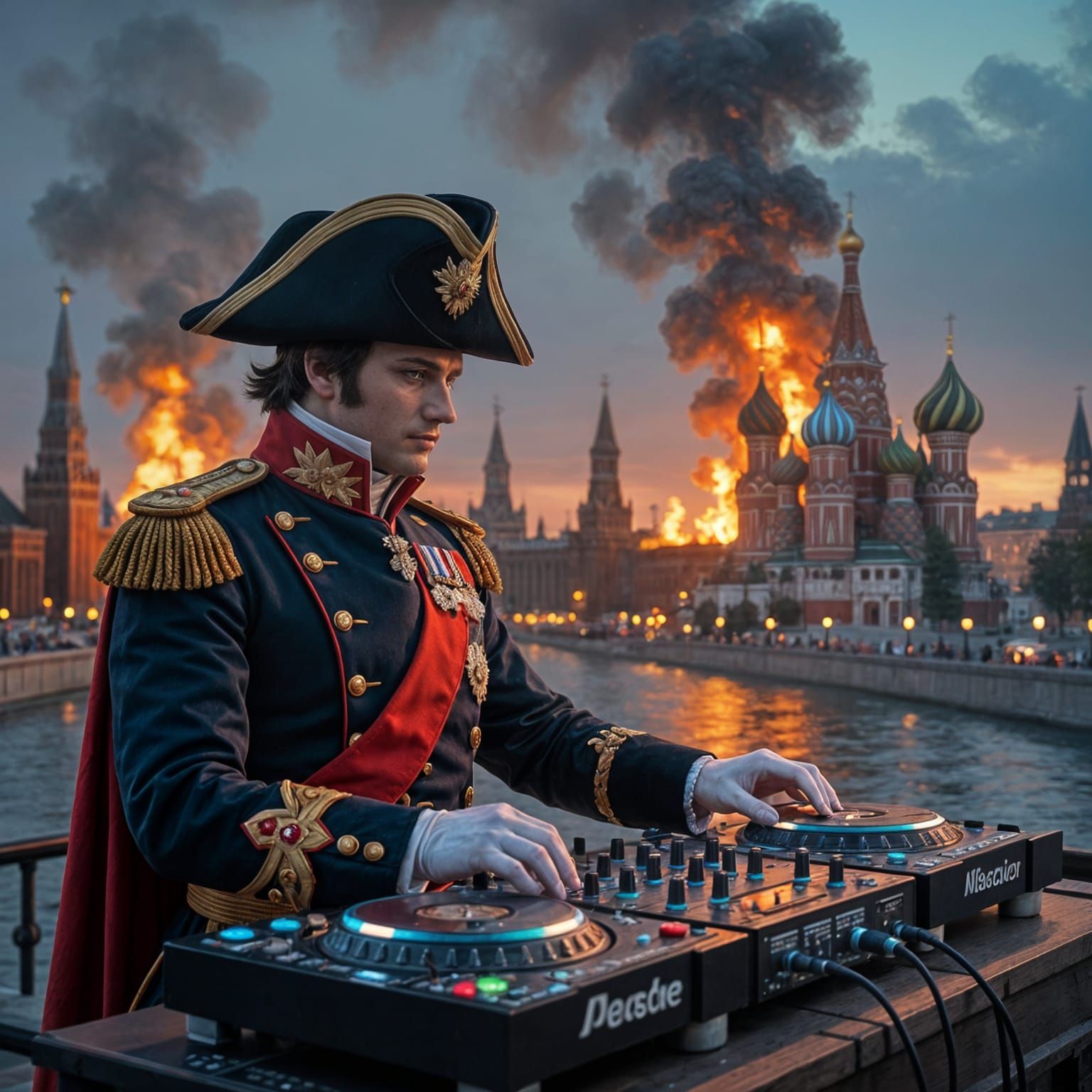 Napoleon Bonaparte DJing in Burning Moscow: Hyperrealistic A...