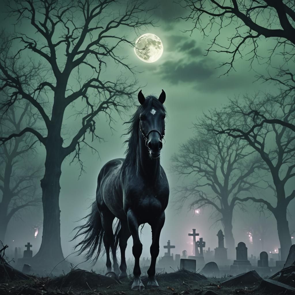 Creepy Horse in Graveyard: Gothic Halloween Art