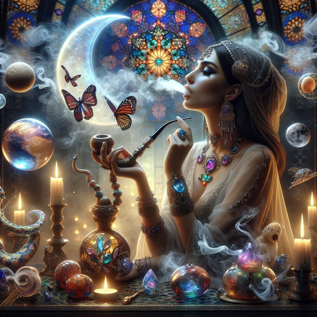 Middle-Eastern Wizard Smoking in a Stained Glass Chamber