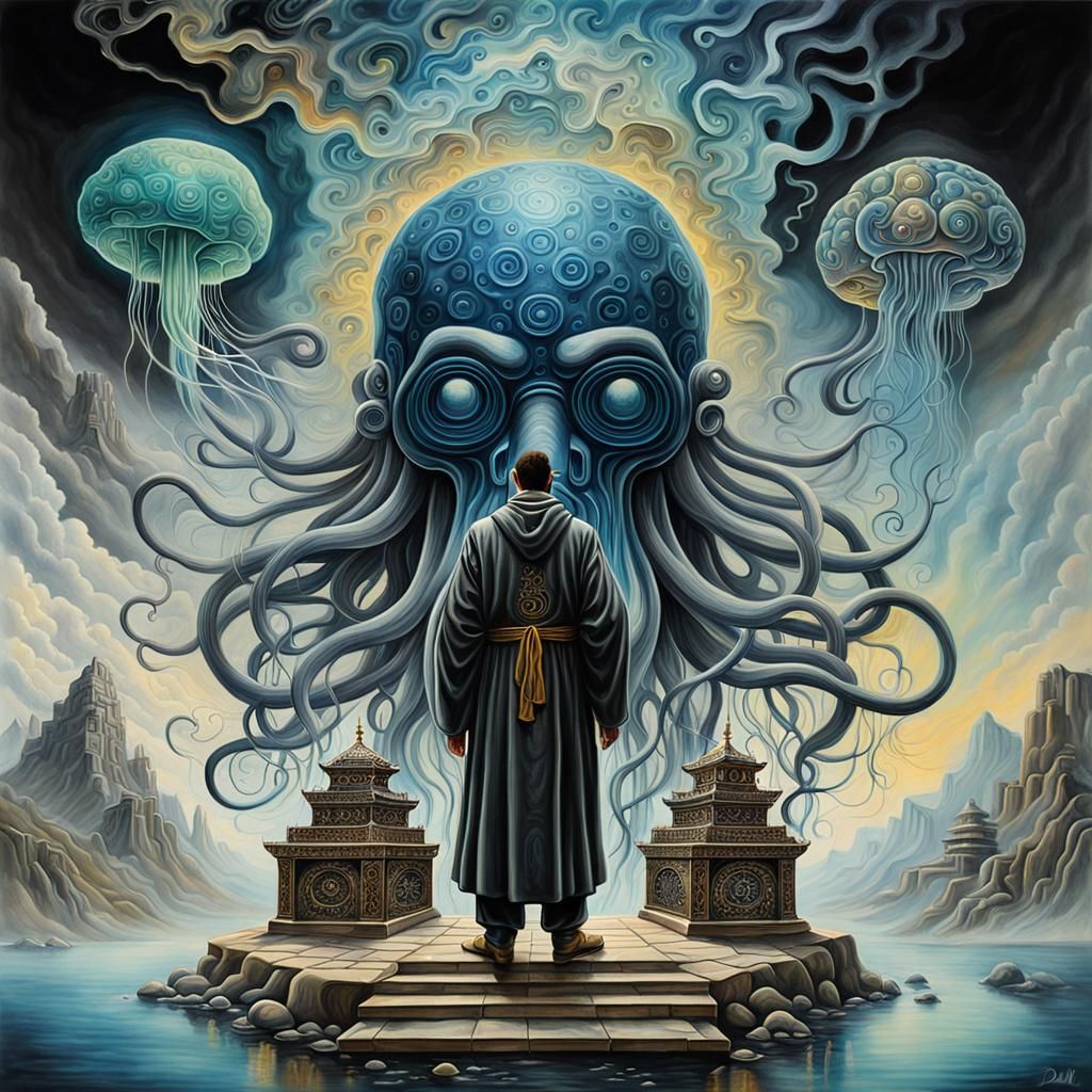 Surreal Taoist Monk with Tesseract Body in Oil