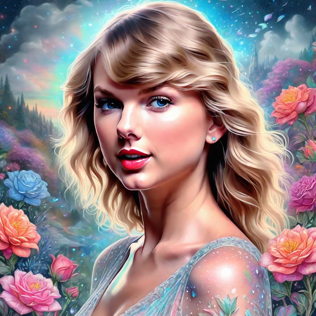 Ethereal Pencil Portrait of Taylor Swift with Flowers