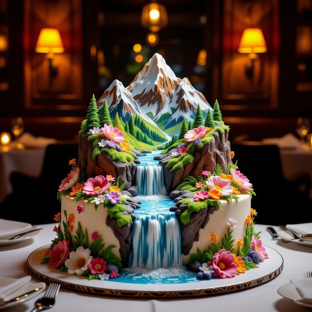 Realistic Landscape Cake in Atmospheric Restaurant
