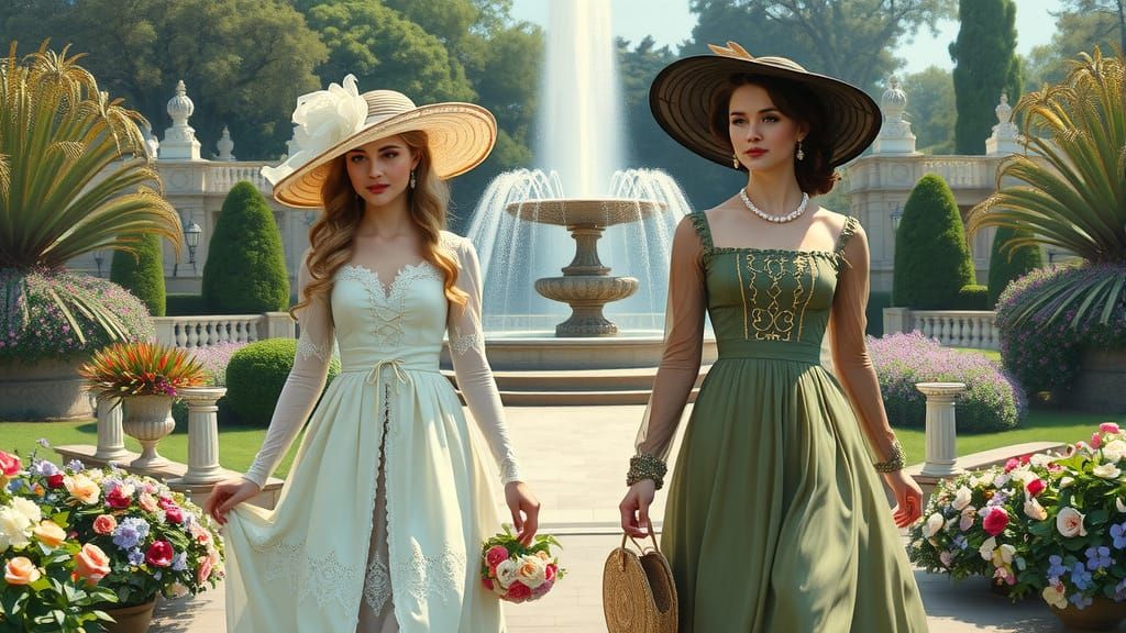 Elegant Ladies Stroll Through a Victorian Park