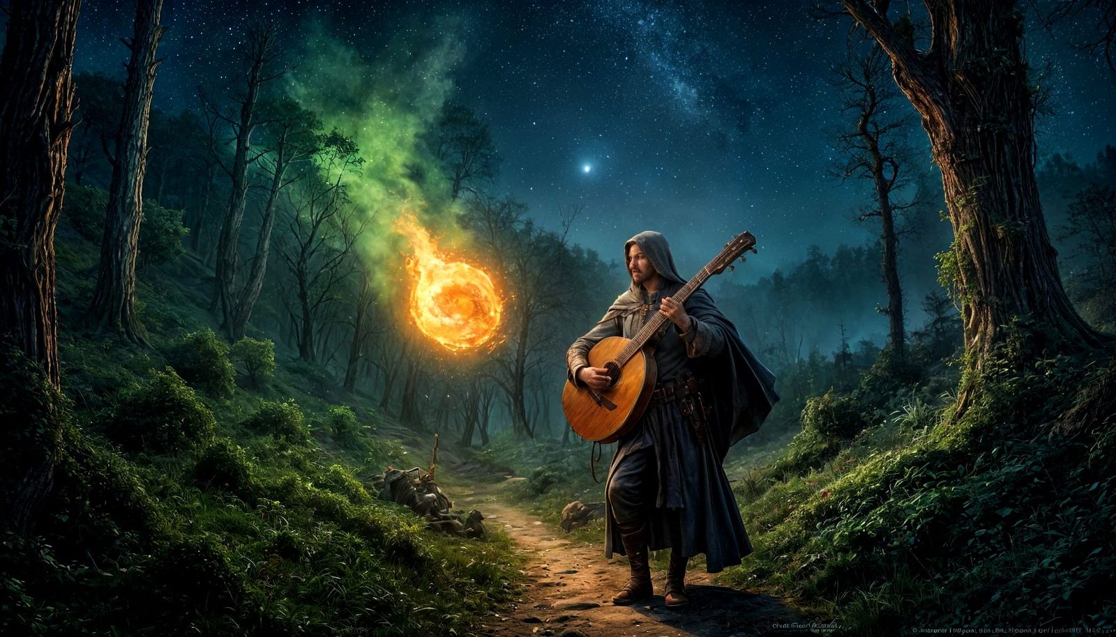 Medieval Musician Witnesses Fiery Sky in Fantasy Art
