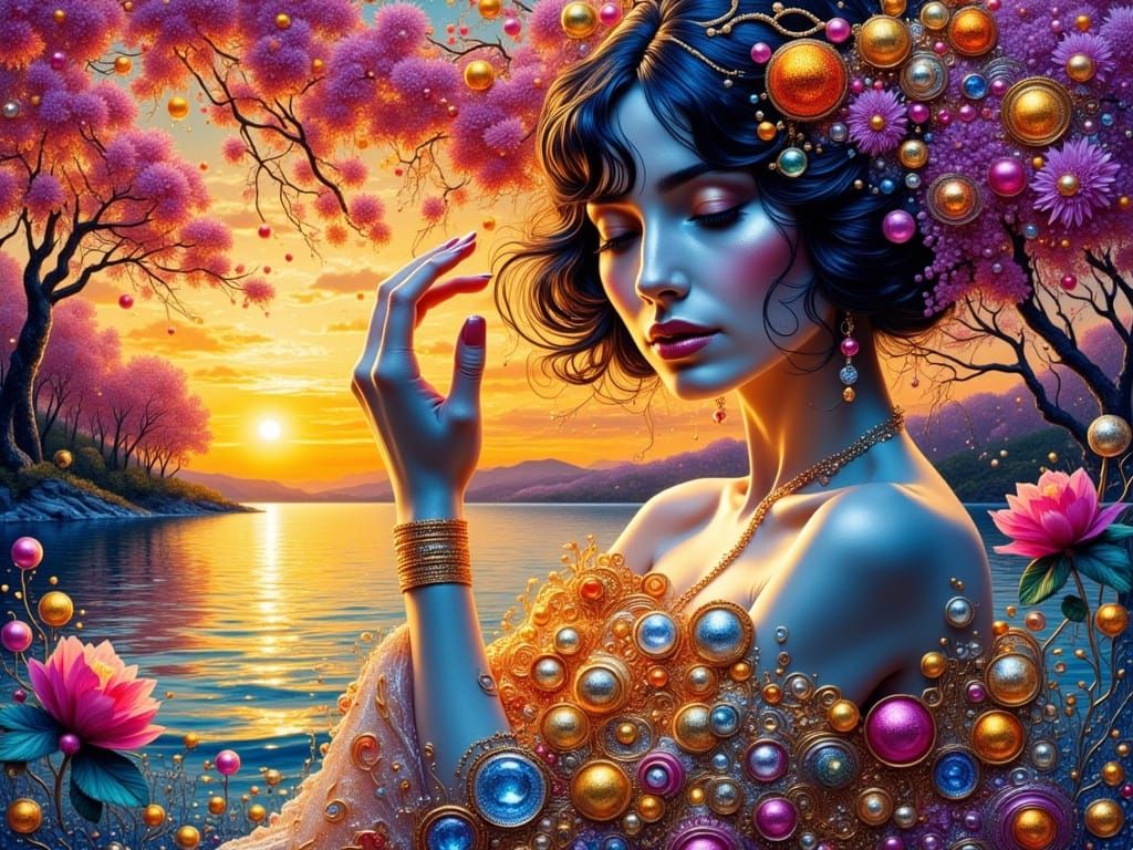 Serenity in Metallic Gold, Set Against Vibrant Sunset Hues a...