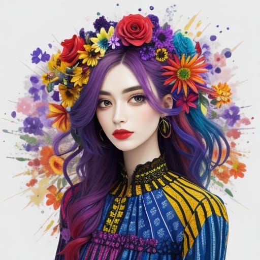 Woman Adorned with Vibrant Floral Hair and Dress