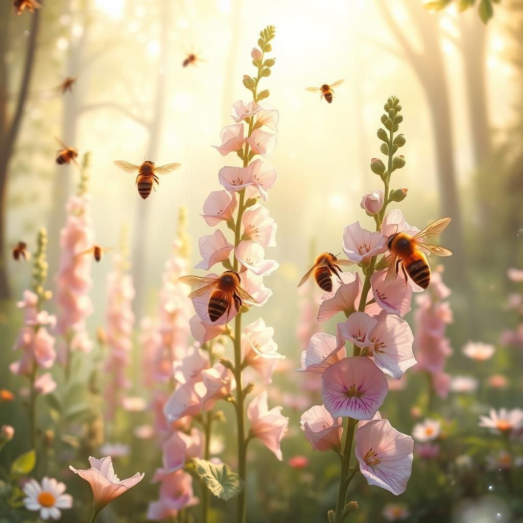 Honey Bees in Ethereal Forest, Luminous Style