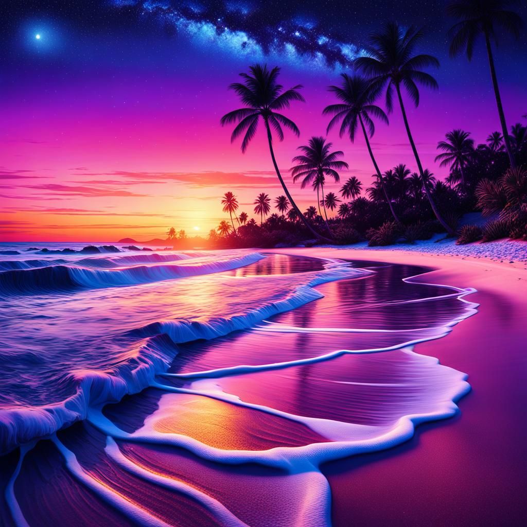 Coastal Beach at Dusk in Hyper-Realistic Digital Art