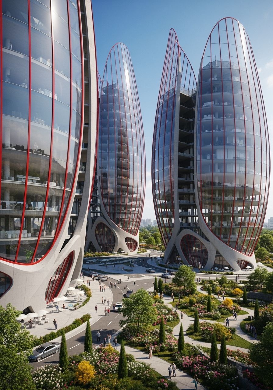 Futuristic Petal Skyscrapers in Vibrant Urban Garden
