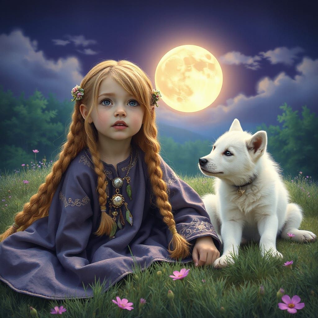 Celtic Child and Wolf Pup Gaze at Moon