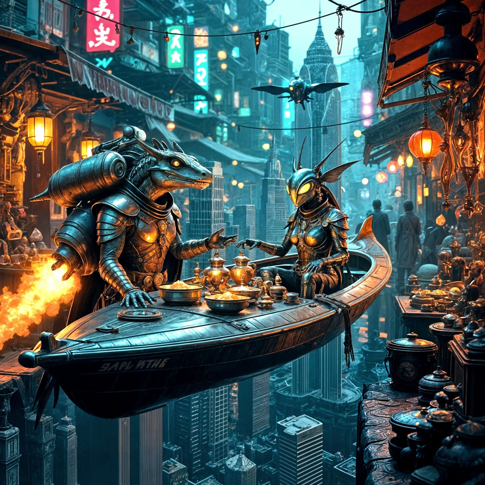 Neon Alien Flea Market with Flying Merchants