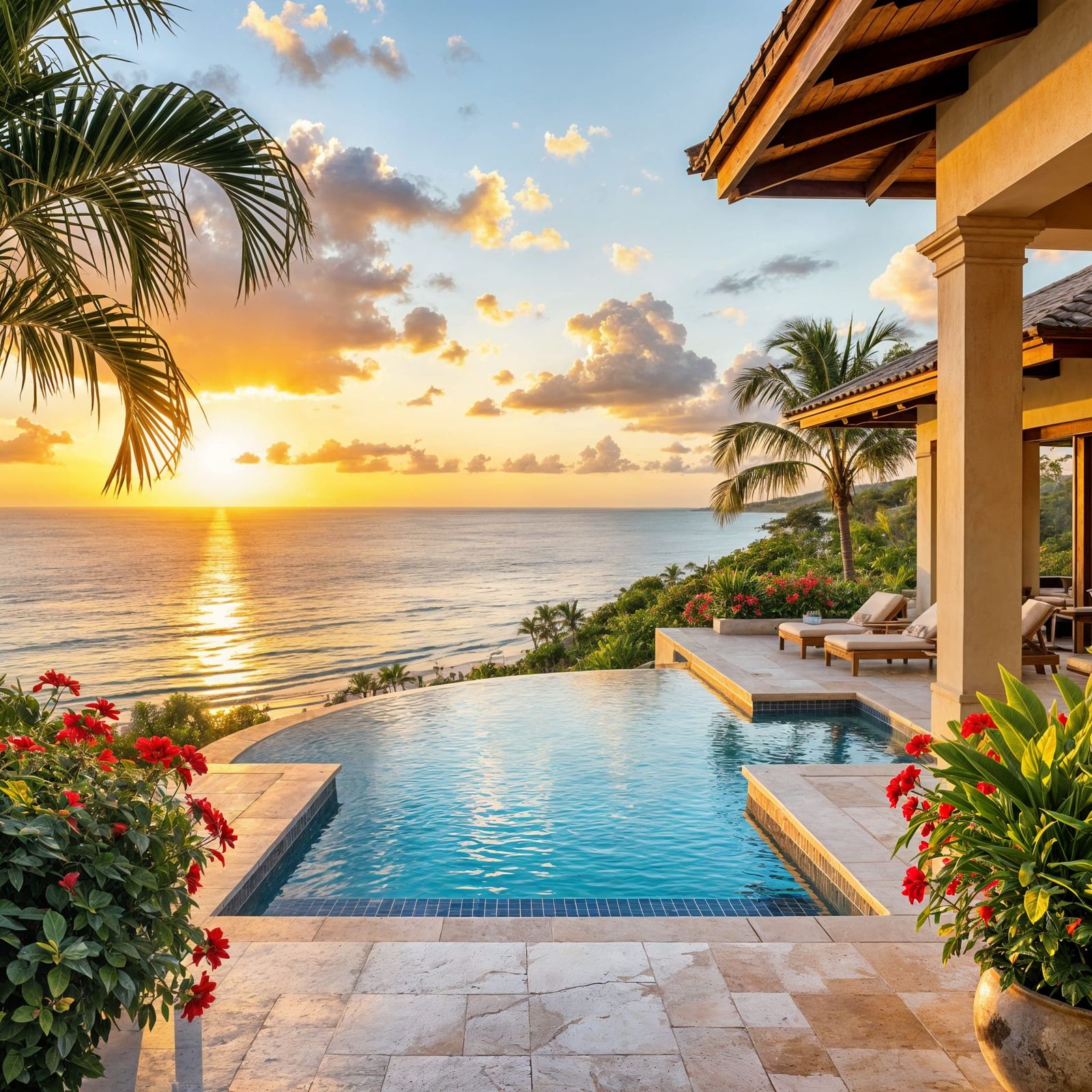 Golden Hour Infinity Pool Overlooking Tropical Beach