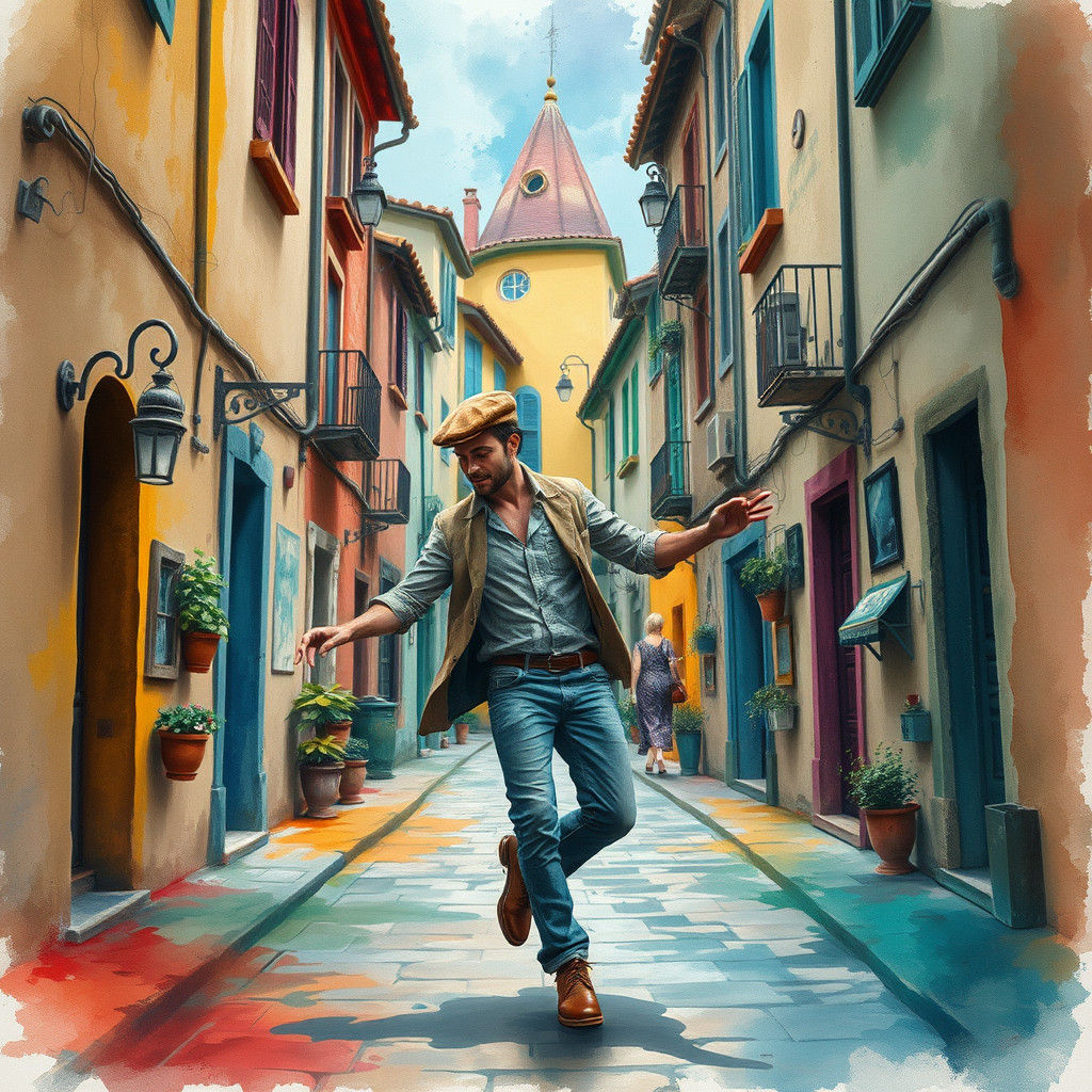 Man Dancing on Cobblestone Street in Watercolour Style