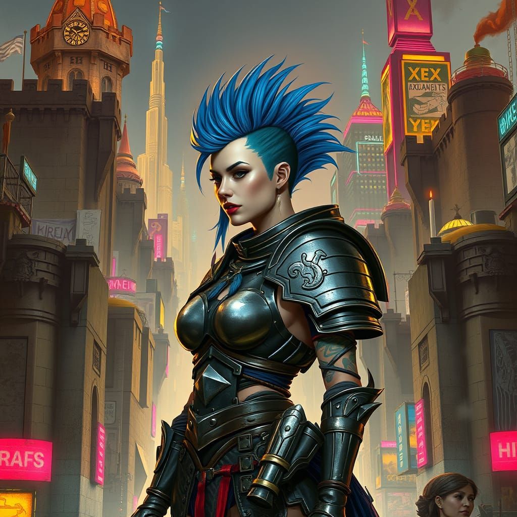Cyberpunk Medieval Warrior with Blue Mohawk