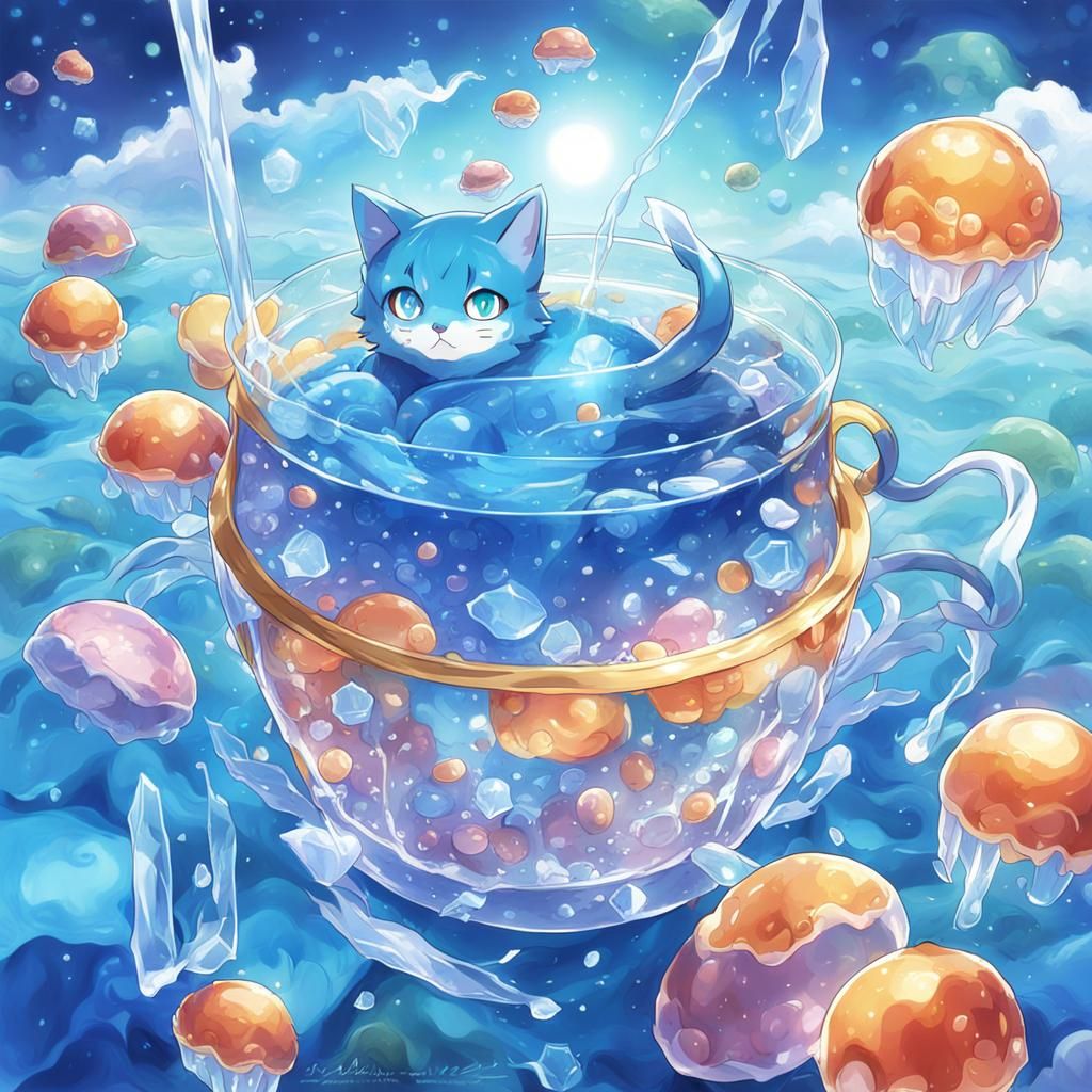 Crystal Blue Jelly Cat in Anime Style