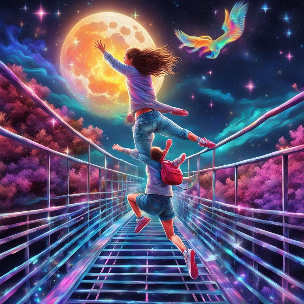 Girl and Cat's Leap: Holographic Astral Illustration