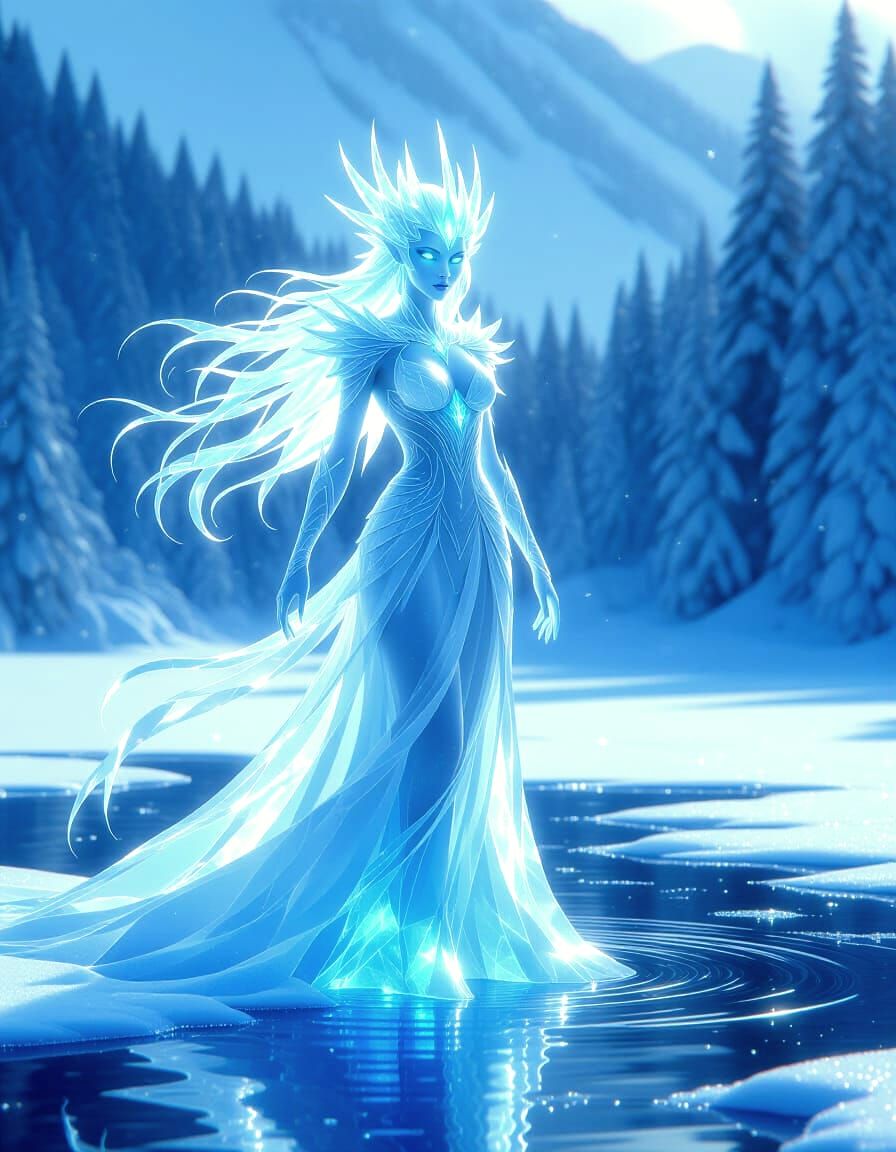 Ice Elemental Woman Rises From Frozen Lake