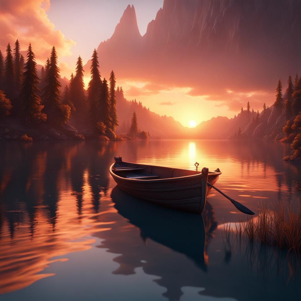 Sunrise Lake Boat: Detailed Matte Painting