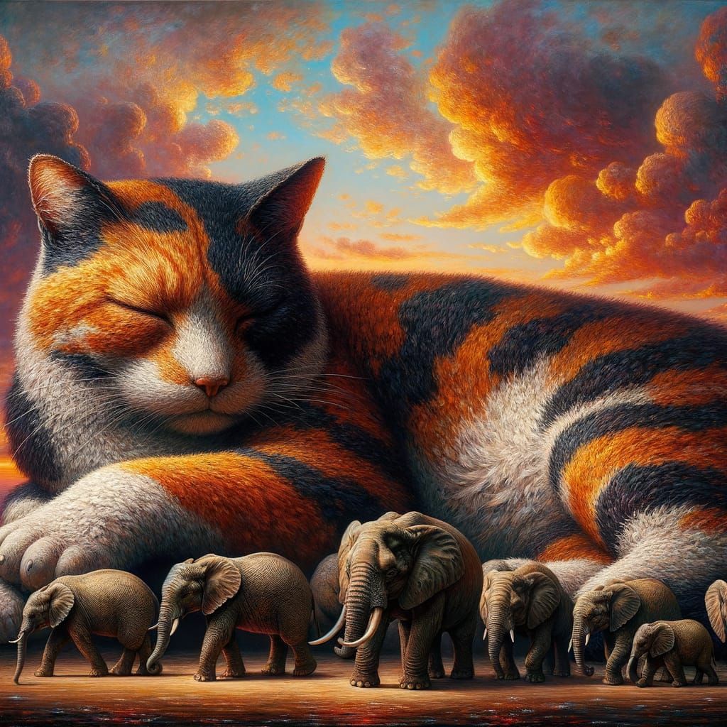 Colossal Calico Cat and Miniature Elephants at Sunset