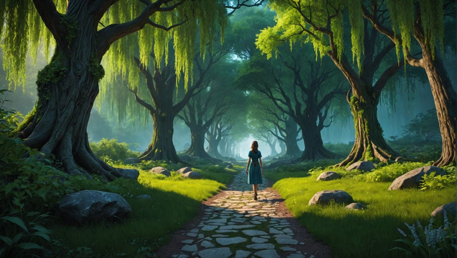 Bioluminescent Path Through Whispering Willow Woods