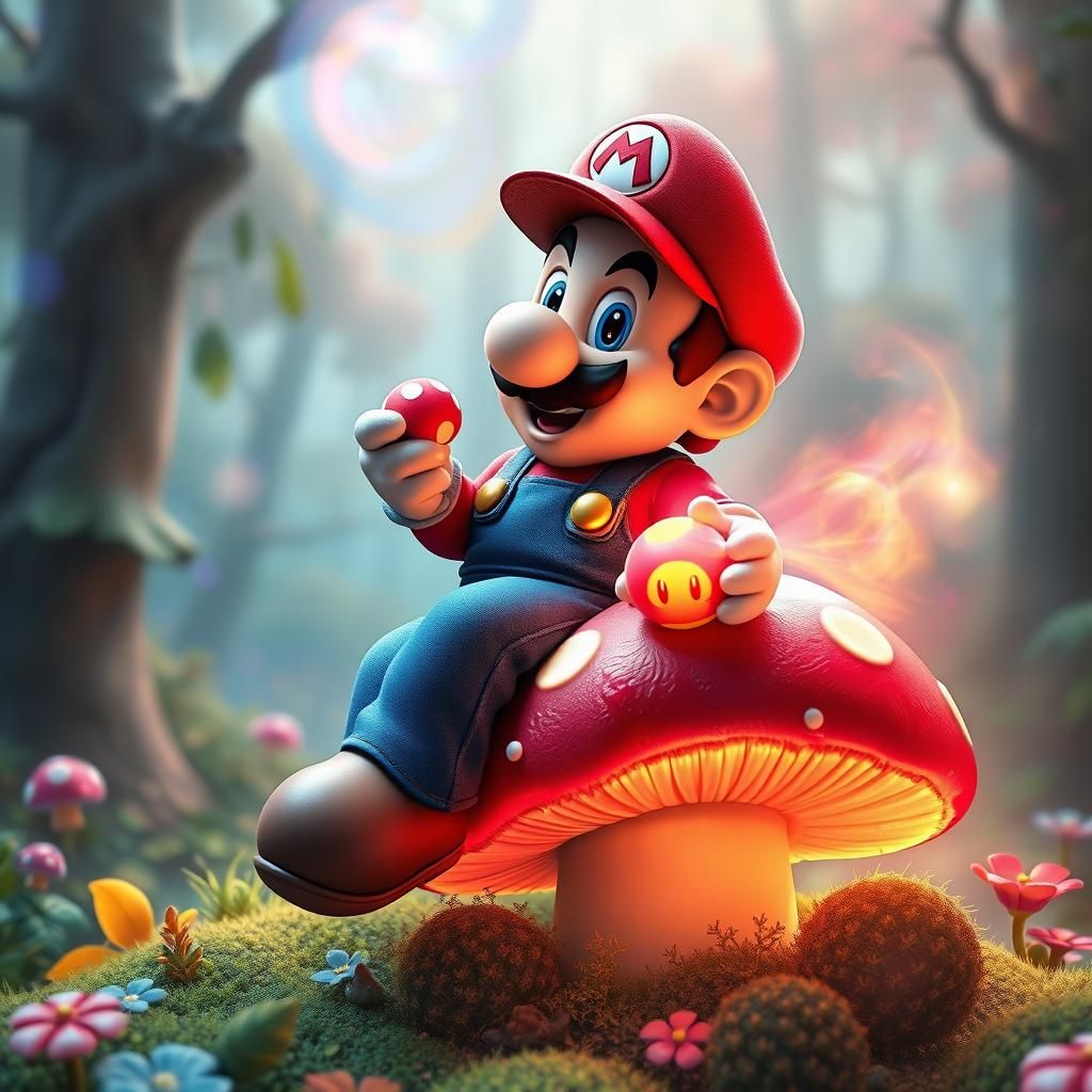 Mario in a Fantastical Forest Consuming a Mushroom