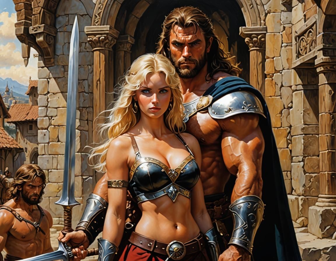 Barbarian Warrior with Bride: Oil Painting