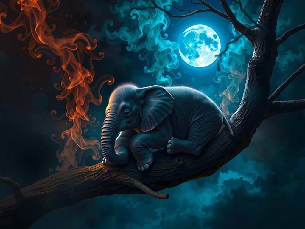 A Baby Elephant in a Blue Moonlit Forest