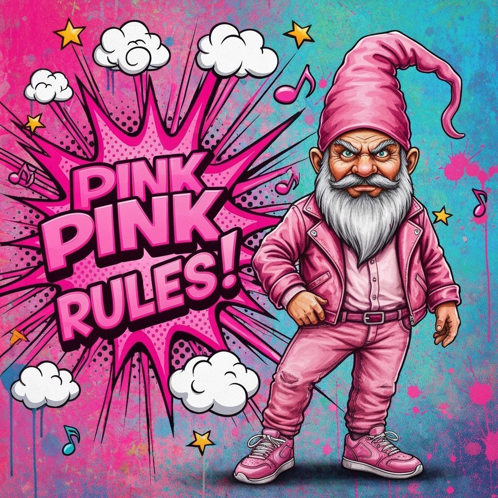 Gnome in Pink Jacket with "Pink Rules!" Graffiti Art