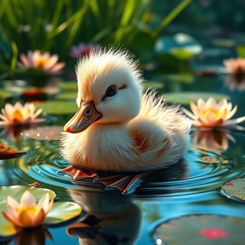 Fluffy Baby Duck in Serene Pond Landscape