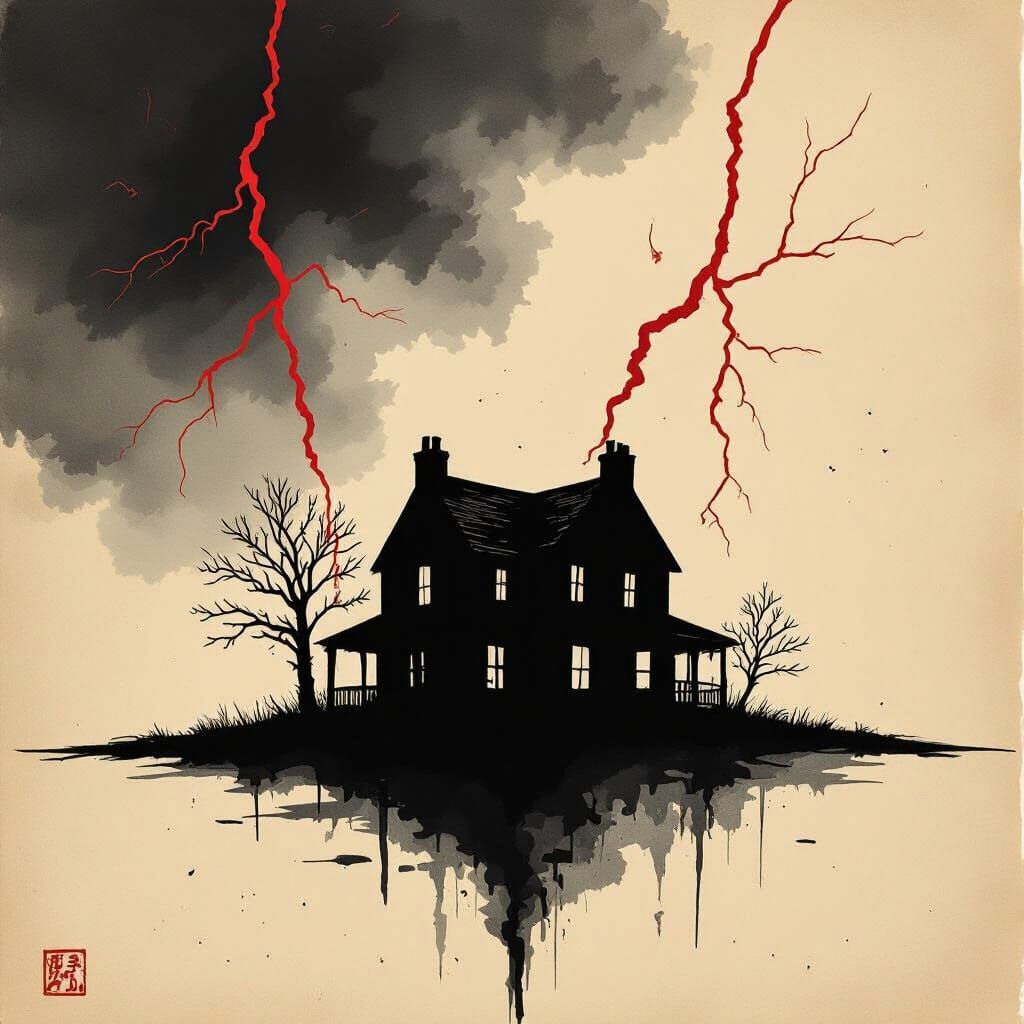 Minimalist House Sketch on Parchment with Lightning