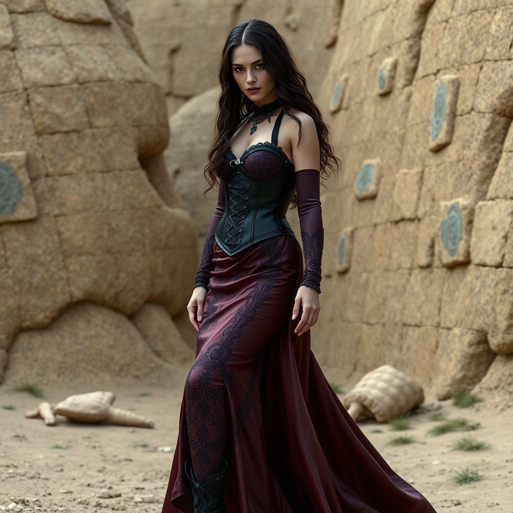 Elegant Female Figure in Ancient Landscape