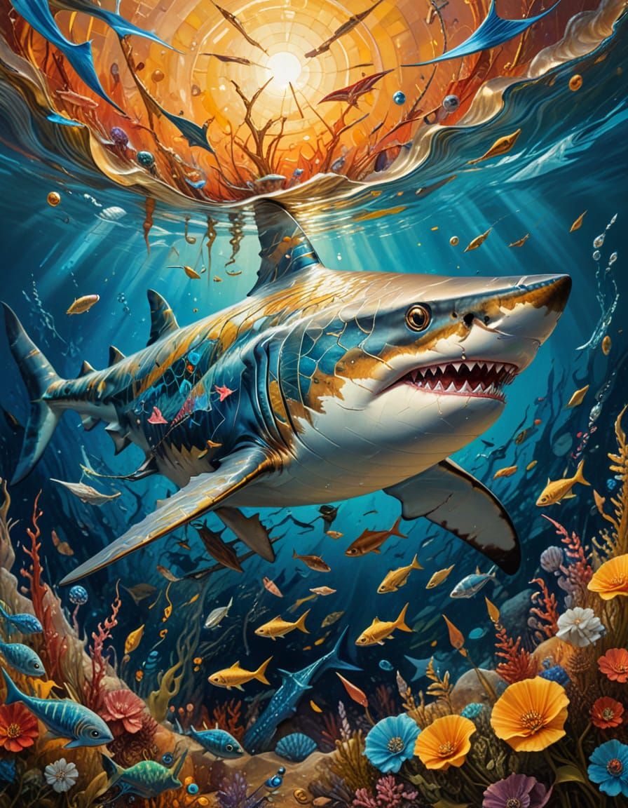 Surreal Shark with Eyepatch and Sword Painting