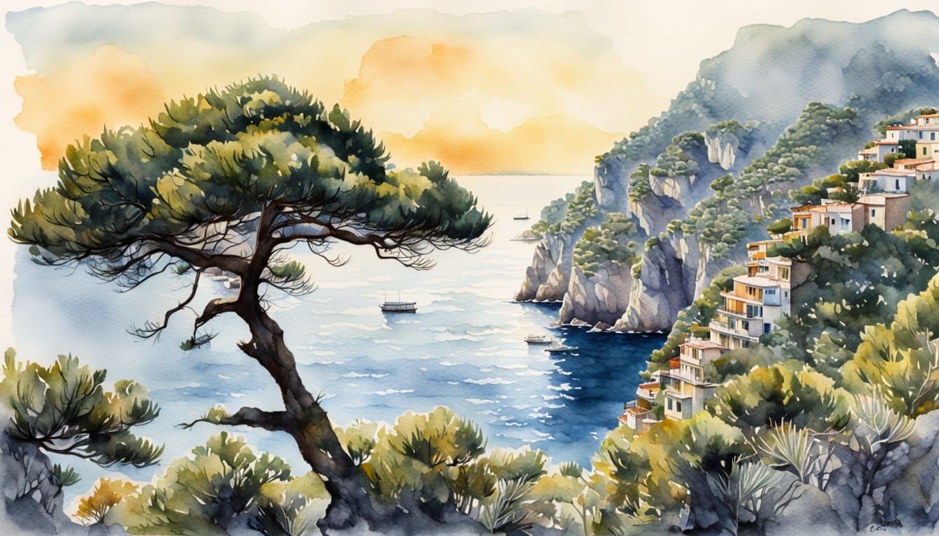 Amalfi Coast Sunrise in Watercolor Style