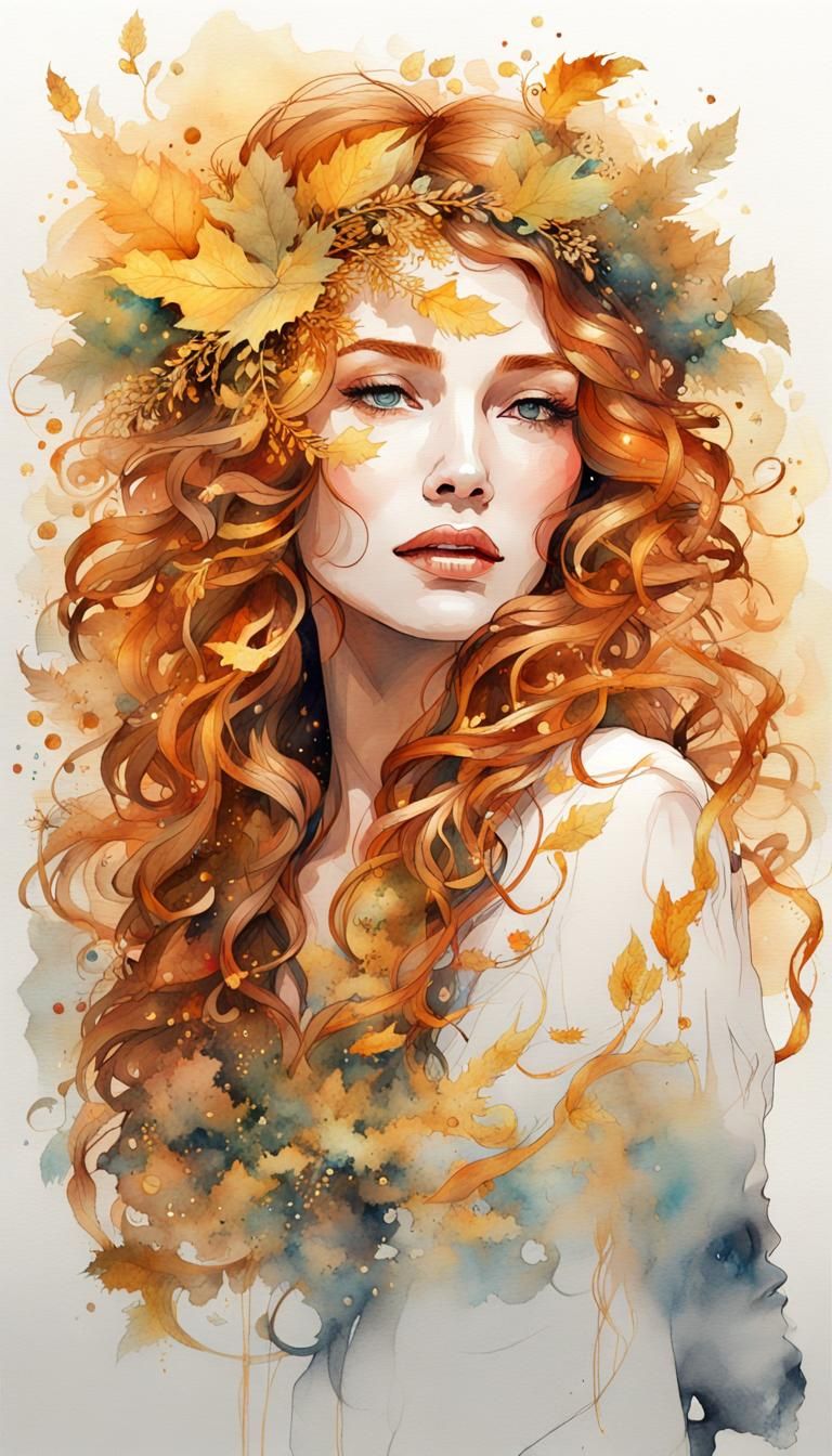 Radiant Woman with Copper Curls in Watercolor Style