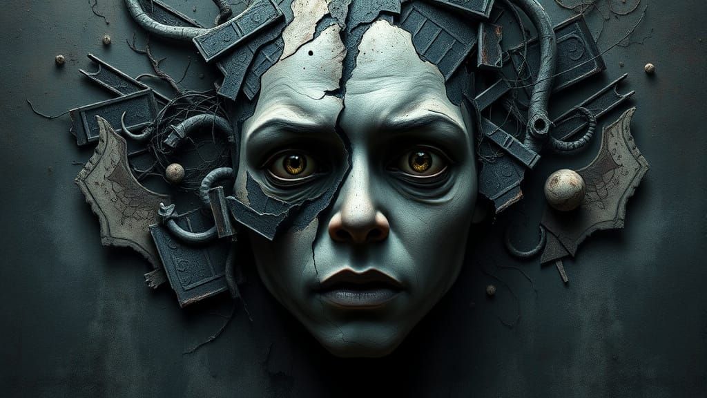 Distorted, Haunting Face in Dark Surrealism Style